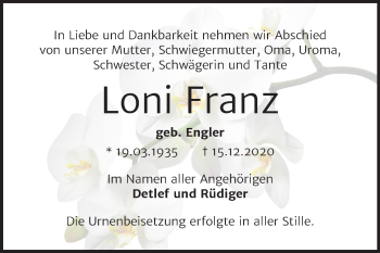 Traueranzeige von Loni Franz von Super Sonntag Bernburg