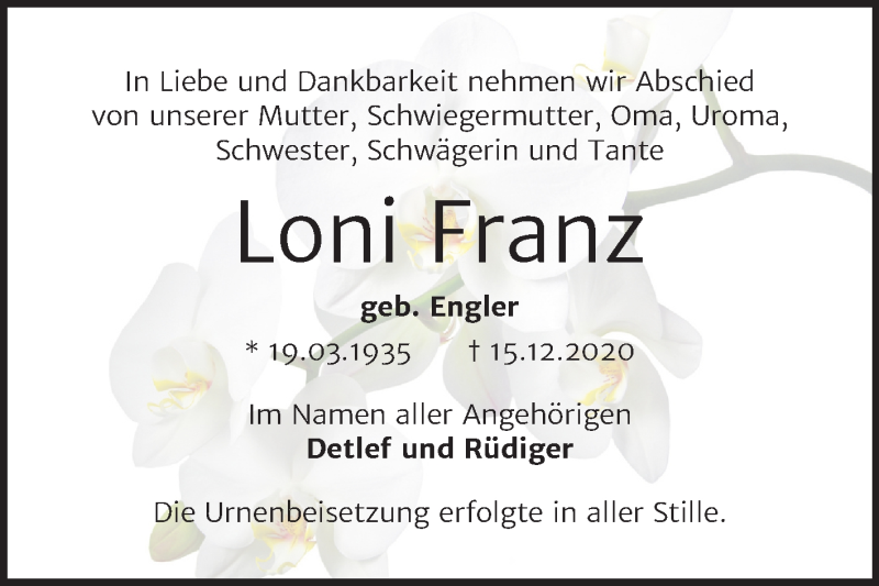  Traueranzeige für Loni Franz vom 16.01.2021 aus Mitteldeutsche Zeitung Bernburg