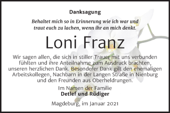 Traueranzeige von Loni Franz von Mitteldeutsche Zeitung Bernburg