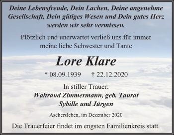 Traueranzeige von Lore Klare von Mitteldeutsche Zeitung Aschersleben