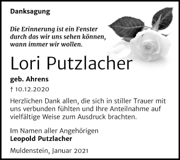 Traueranzeige von Lori Putzlacher von Mitteldeutsche Zeitung Bitterfeld