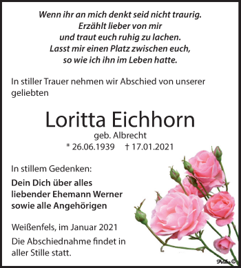 Traueranzeige von Loritta Eichhorn von Mitteldeutsche Zeitung Weißenfels