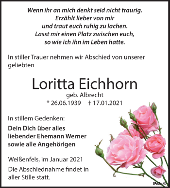 Traueranzeige von Loritta Eichhorn von Super Sonntag Weißenfels