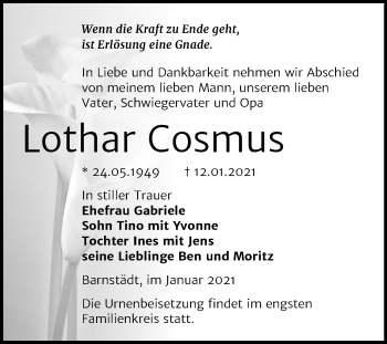 Traueranzeige von Lothar Cosmus von Mitteldeutsche Zeitung Merseburg/Querfurt