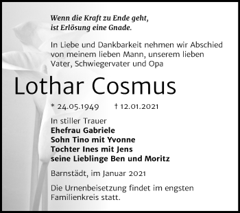 Traueranzeige von Lothar Cosmus von Super Sonntag Merseburg/Querfurt