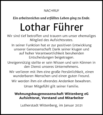 Traueranzeige von Lothar Führer von Super Sonntag Wittenberg