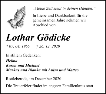 Traueranzeige von Lothar Gödicke von Super Sonntag Sangerhausen