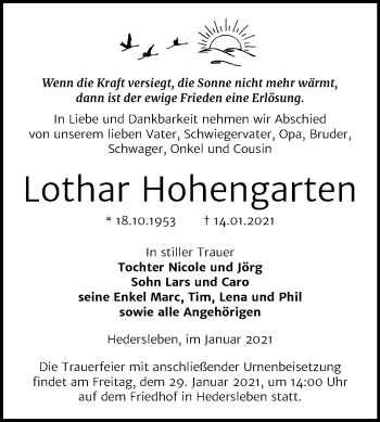 Traueranzeige von Lothar Hohengarten von Mitteldeutsche Zeitung Quedlinburg