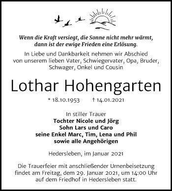 Traueranzeige von Lothar Hohengarten von Super Sonntag Quedlinburg