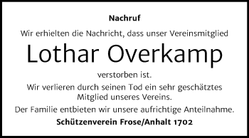 Traueranzeige von Lothar Overkamp von Mitteldeutsche Zeitung Aschersleben