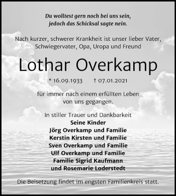 Traueranzeige von Lothar Overkamp von Mitteldeutsche Zeitung Bernburg