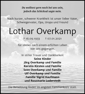 Traueranzeige von Lothar Overkamp von Super Sonntag Bernburg