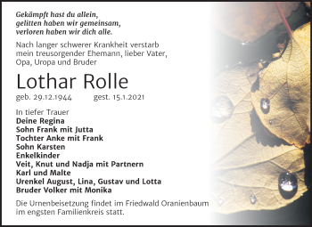 Traueranzeige von Lothar Rolle von Mitteldeutsche Zeitung Köthen