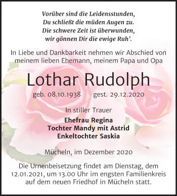 Traueranzeige von Lothar Rudolph von Mitteldeutsche Zeitung Merseburg/Querfurt