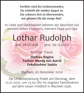 Traueranzeige von Lothar Rudolph von Super Sonntag Merseburg/Querfurt