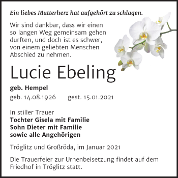 Traueranzeige von Lucie Ebeling von Mitteldeutsche Zeitung Zeitz