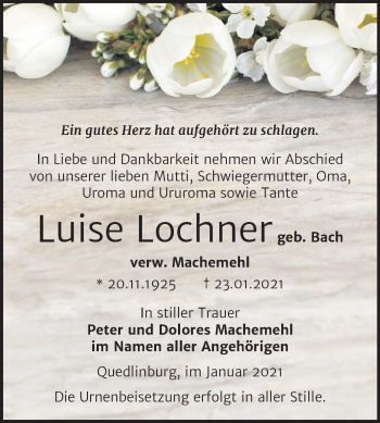 Traueranzeige von Luise Lochner von Mitteldeutsche Zeitung Quedlinburg