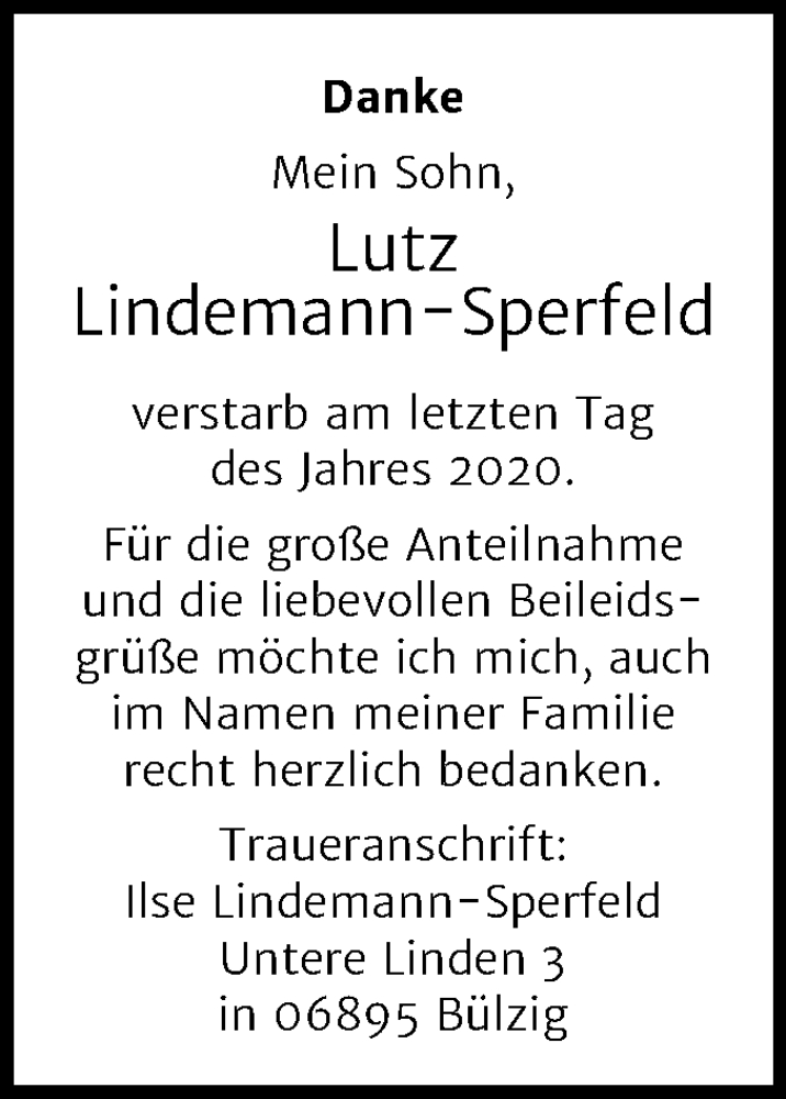  Traueranzeige für Lutz Lindemann-Sperfeld vom 23.01.2021 aus Mitteldeutsche Zeitung Wittenberg