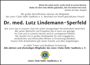 Traueranzeige von Lutz Lindemann-Sperfeld von Mitteldeutsche Zeitung Halle/Saalkreis