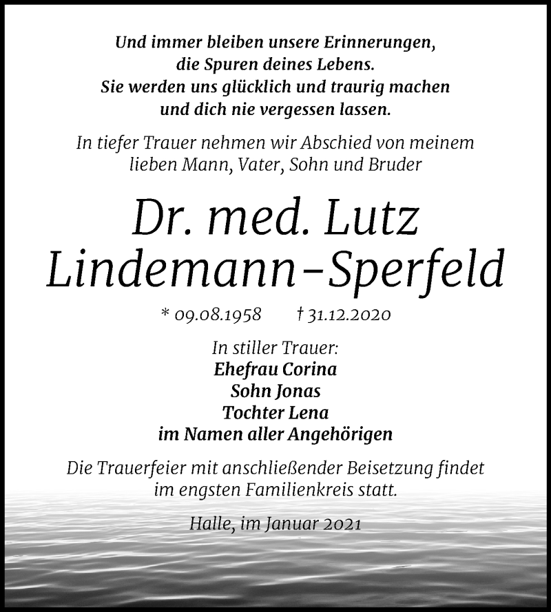  Traueranzeige für Lutz Lindemann-Sperfeld vom 09.01.2021 aus Mitteldeutsche Zeitung Halle/Saalkreis