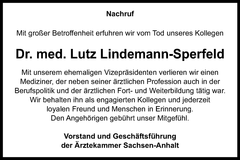  Traueranzeige für Lutz Lindemann-Sperfeld vom 09.01.2021 aus Mitteldeutsche Zeitung Mansfelder Land / Halle/Saalkreis
