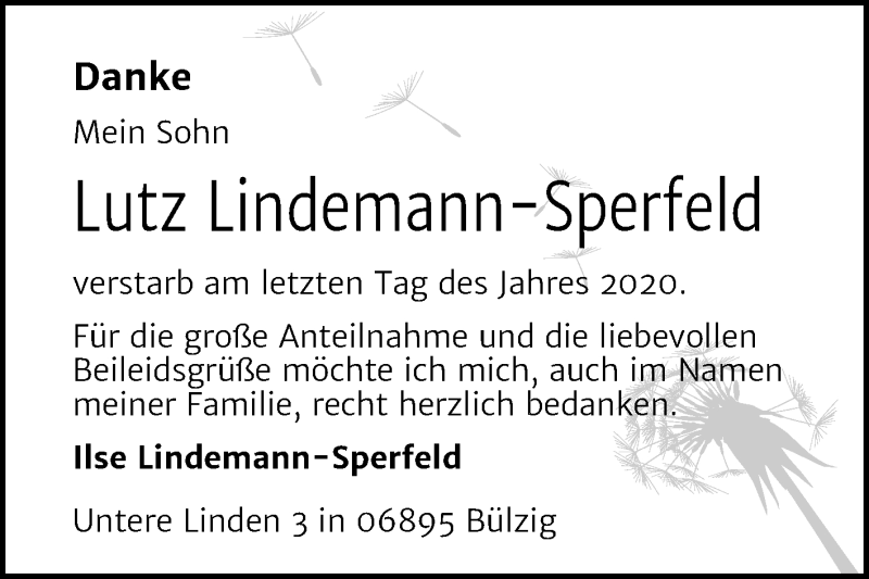  Traueranzeige für Lutz Lindemann-Sperfeld vom 23.01.2021 aus Mitteldeutsche Zeitung Wittenberg