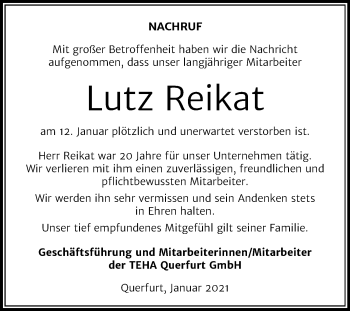 Traueranzeige von Lutz Reikat von Mitteldeutsche Zeitung Merseburg/Querfurt