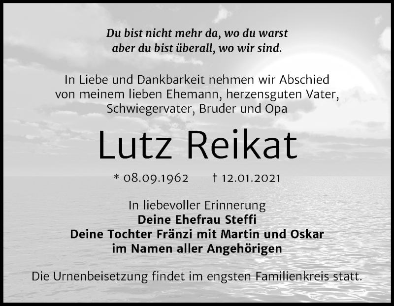  Traueranzeige für Lutz Reikat vom 23.01.2021 aus Mitteldeutsche Zeitung Merseburg/Querfurt