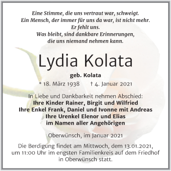 Traueranzeige von Lydia Kolata von Mitteldeutsche Zeitung Merseburg/Querfurt