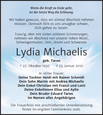 Traueranzeige von Lydia Michaelis von Mitteldeutsche Zeitung Halle/Saalkreis