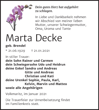 Traueranzeige von Mada Decke von Mitteldeutsche Zeitung Mansfelder Land