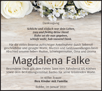 Traueranzeige von Magdalena Falke von Mitteldeutsche Zeitung Köthen