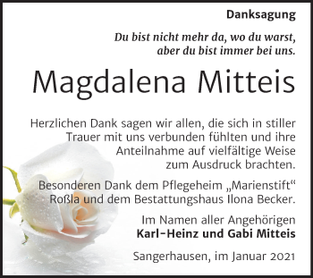Traueranzeige von Magdalena Mitteis von Mitteldeutsche Zeitung Sangerhausen