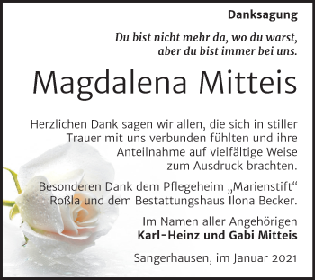 Traueranzeige von Magdalena Mitteis von Super Sonntag Sangerhausen