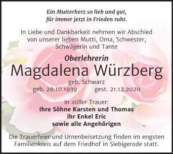 Traueranzeige von Magdalena Würzberg von Super Sonntag Mansfelder Land