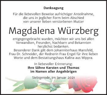 Traueranzeige von Magdalena Würzberg von Mitteldeutsche Zeitung Mansfelder Land