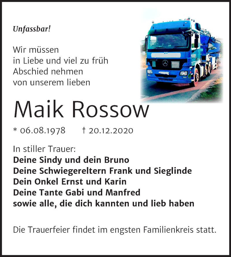  Traueranzeige für Maik Rossow vom 02.01.2021 aus Mitteldeutsche Zeitung Bitterfeld