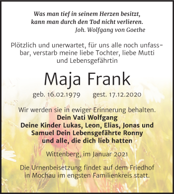 Traueranzeige von Maja Frank von Super Sonntag Wittenberg