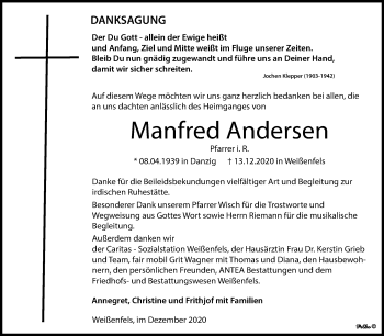 Traueranzeige von Manfred Andersen von Mitteldeutsche Zeitung Weißenfels