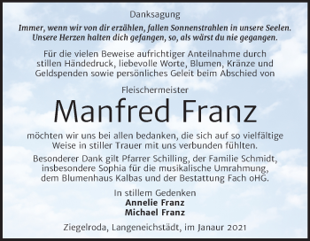 Traueranzeige von Manfred Franz von Mitteldeutsche Zeitung Merseburg/Querfurt