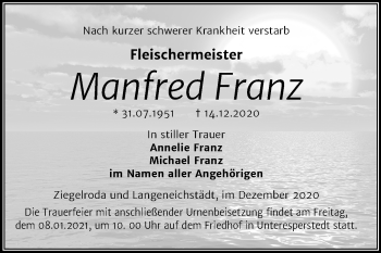 Traueranzeige von Manfred Franz von Mitteldeutsche Zeitung Merseburg/Querfurt