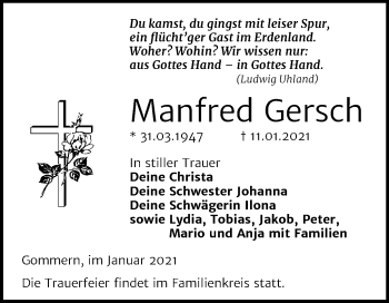 Traueranzeige von Manfred Gersch von Mitteldeutsche Zeitung Halle/Saalkreis