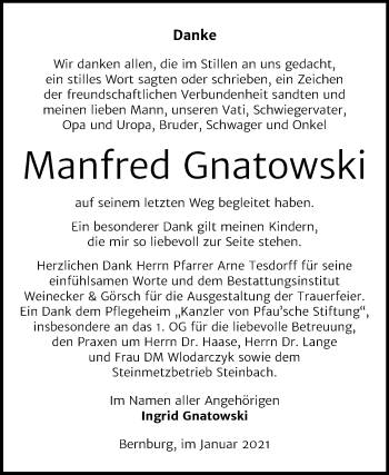 Traueranzeige von Manfred Gnatowski von Mitteldeutsche Zeitung Bernburg