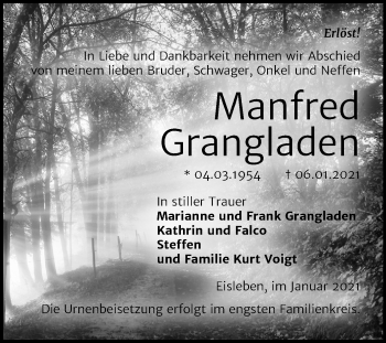 Traueranzeige von Manfred Grangladen von Mitteldeutsche Zeitung Mansfelder Land