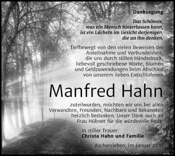 Traueranzeige von Manfred Hahn von Super Sonntag Aschersleben