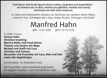Traueranzeige von Manfred Hahn von Super Sonntag Aschersleben