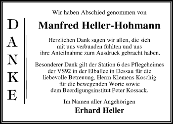 Traueranzeige von Manfred Heller-Hohmann von Mitteldeutsche Zeitung Dessau-Roßlau