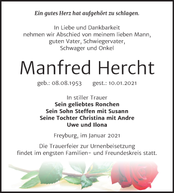 Traueranzeige von Manfred Hercht von Super Sonntag Naumburg/Nebra