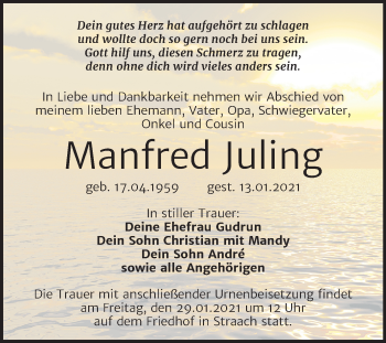 Traueranzeige von Manfred Juling von Super Sonntag Wittenberg