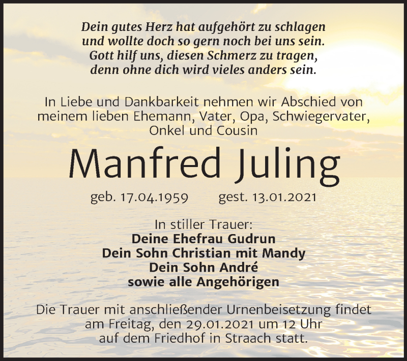  Traueranzeige für Manfred Juling vom 16.01.2021 aus Super Sonntag Wittenberg